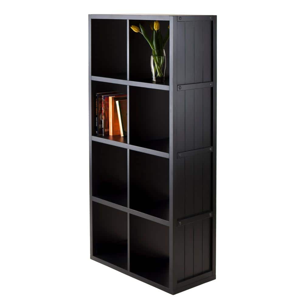 53" Black Wood Transitional 4x2 Cube Shelf with Wainscoting Panels