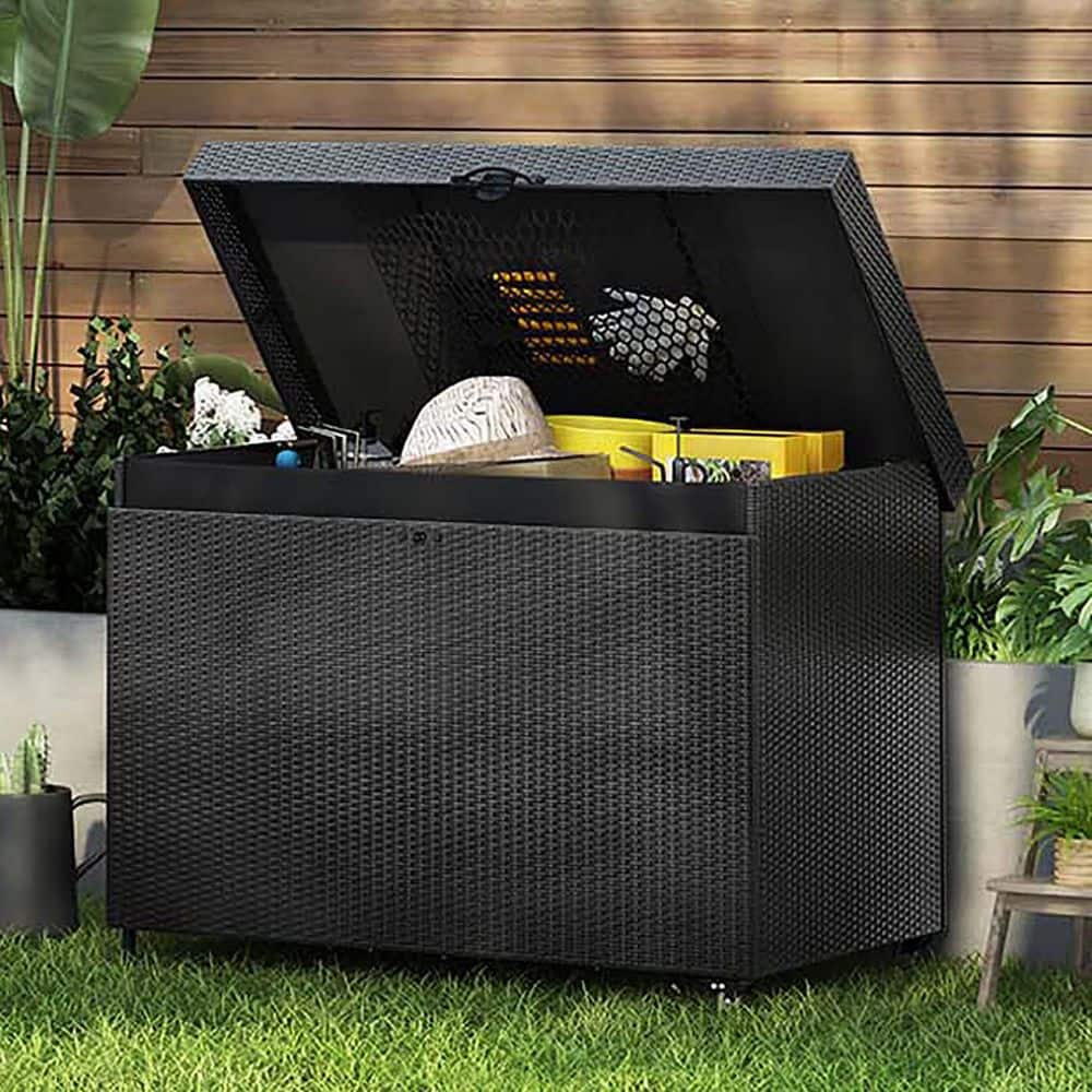 230 Gal. Black Deck Box, Outdoor Storage Box, Rattan Storage Bin for Patio 