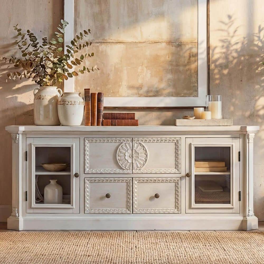 Light Gray Solid Wood TV Stand Entertainment Center Fits TVs up to 65 in., Carved Drawer Fronts, No Assembly Required