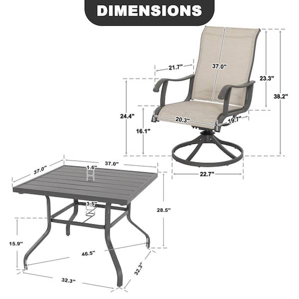 Gray 5-Piece Metal Square Outdoor Dining Set with 4 Swivel Textilene Chairs and Umbrella Hole
