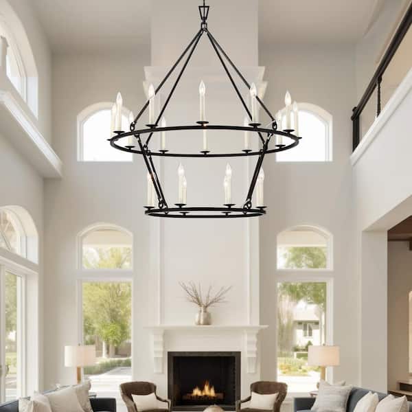 Williston 40 in. 20-Light Black Candle Style Wagon Wheel Chandelier