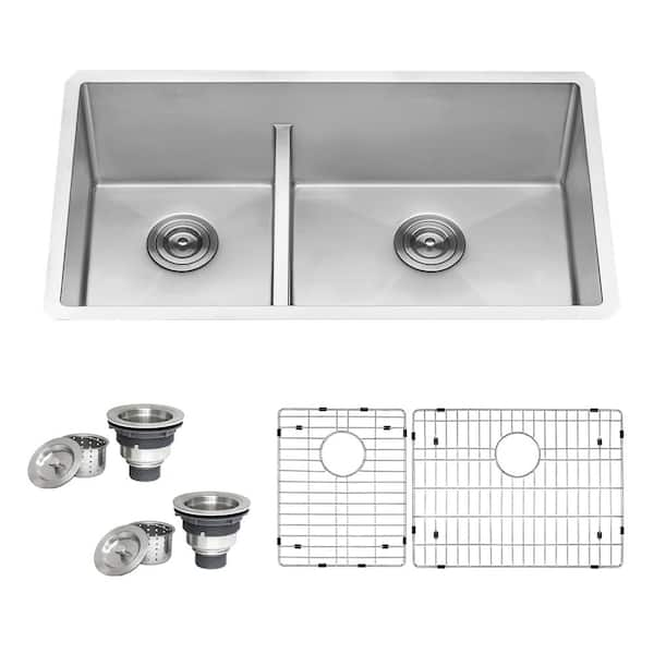 Urbana 33 in. Undermount Double Bowl 16 Gauge Stainless Steel Kitchen Sink with Low Divide and Rounded Corners