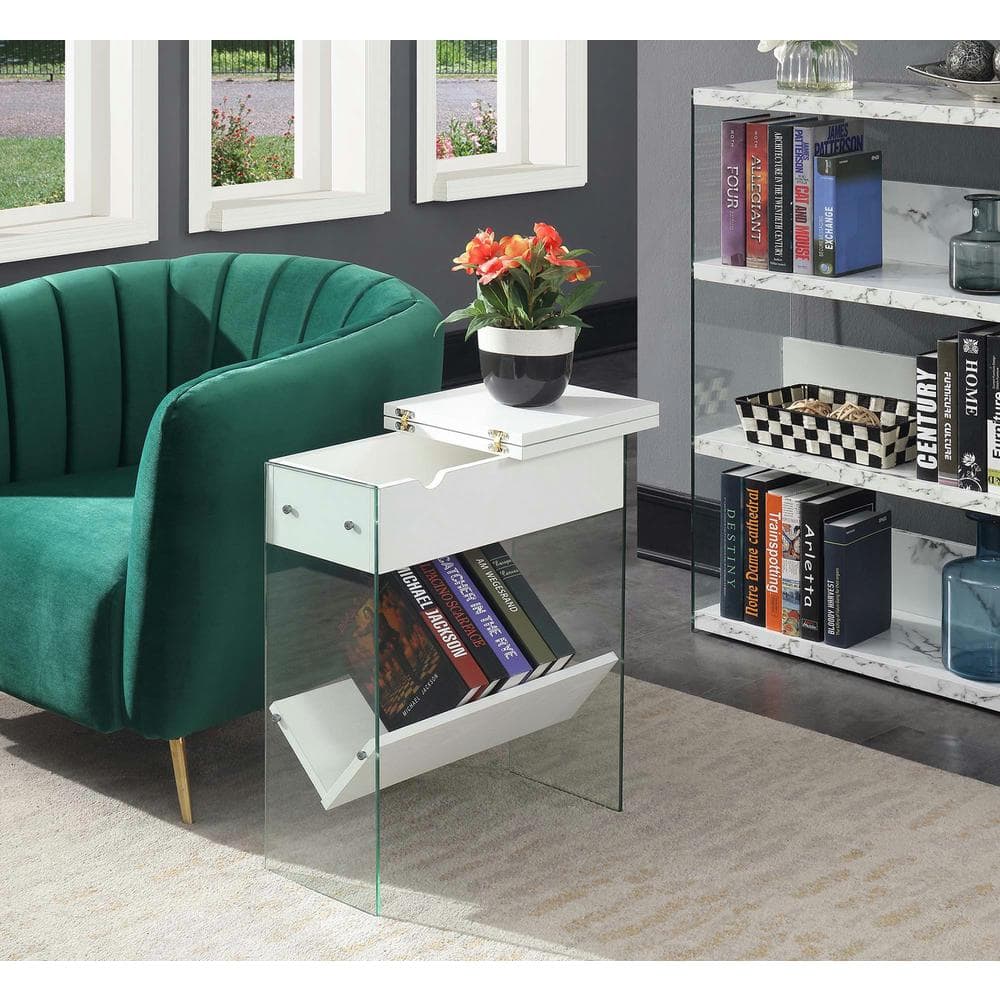 White Particle Board Flip Top End Table with Storage
