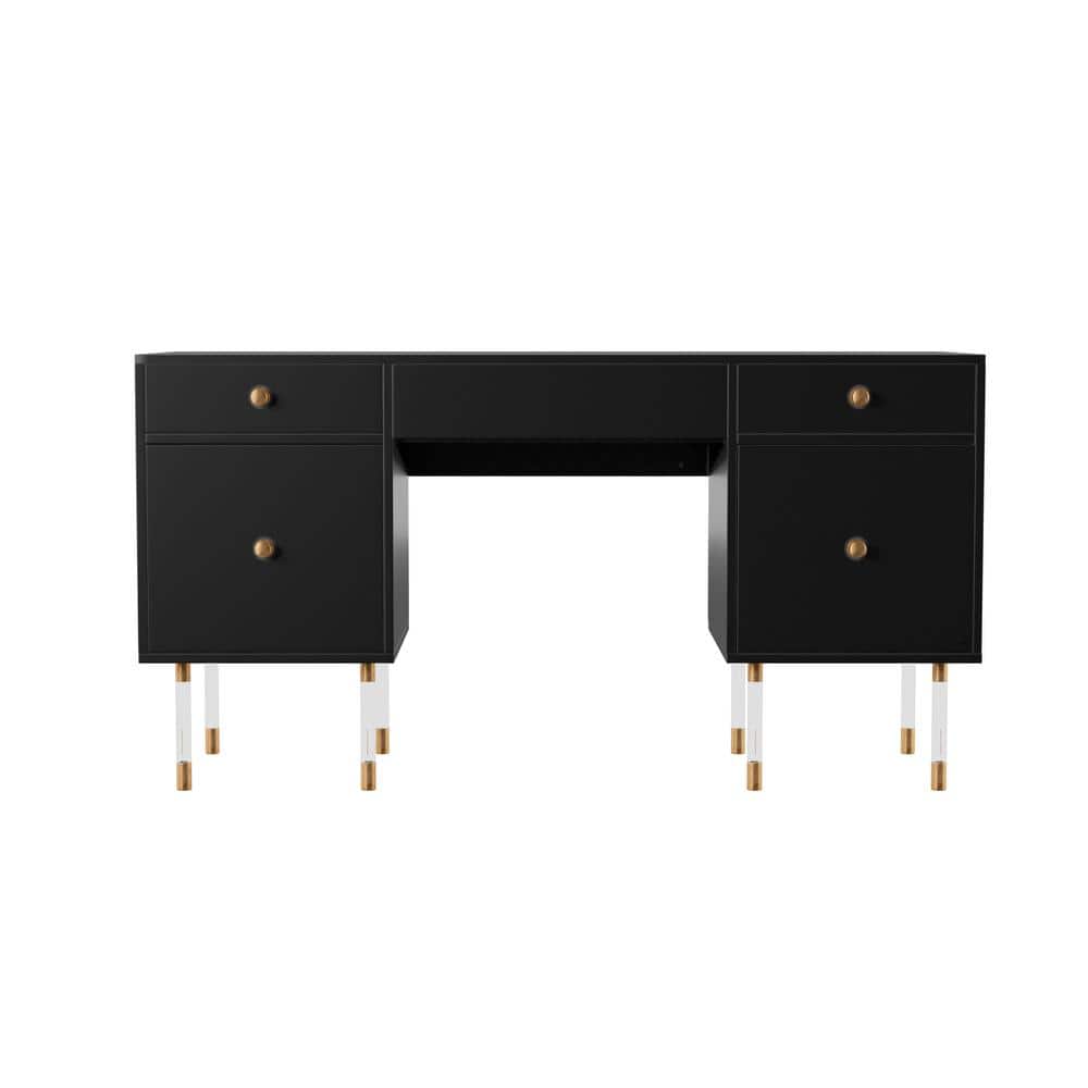 Helston 55 in. Rectangle Black Wood Writing Desk with Drawers