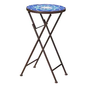 Outdoor Glass Side Table with Iron Frame for Patio, Deck, Garden, Poolside, Blue/White
