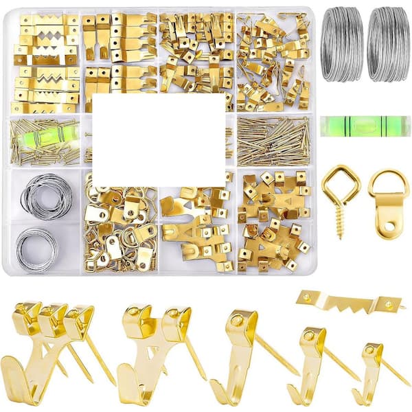 Picture Hanging Kit with Wall Hooks, Sawtooth, Wire, D Rings, Nails, Eye Hooks, and Tool for Frame Canvas Mounting Gold