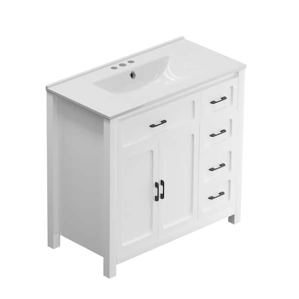 36 in. Freestanding White Bath Vanity with White Ceramic Top Unassembled 4 in. Pre-Drilled Faucet Holes