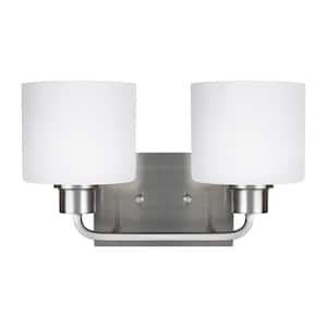 Canfield 14.25 in. 2-Light Brushed Nickel Minimalist Modern Wall Bathroom Vanity Light with Etched White Glass Shades