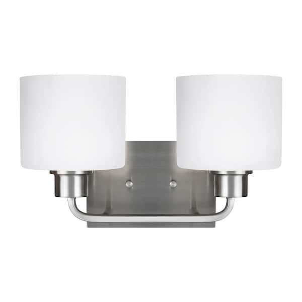 Generation Lighting Canfield 14.25 in. 2-Light Brushed Nickel Minimalist Modern Wall Bathroom Vanity Light with Etched White Glass Shades