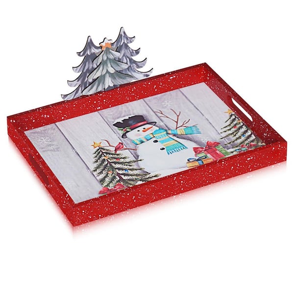 Christmas Red 15.75 in. Wooden Serving Decorative Tray with Handles Platter for Tabletop Holiday Decor Serving Tray