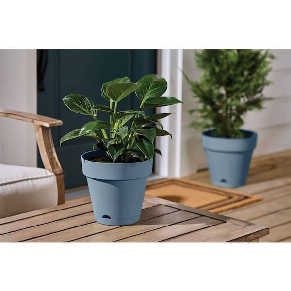 Vivienne Medium Blue Plastic Round Self-Watering Planter with Attached Saucer (8 in. L x 8 in. W x 7.3 in. H)