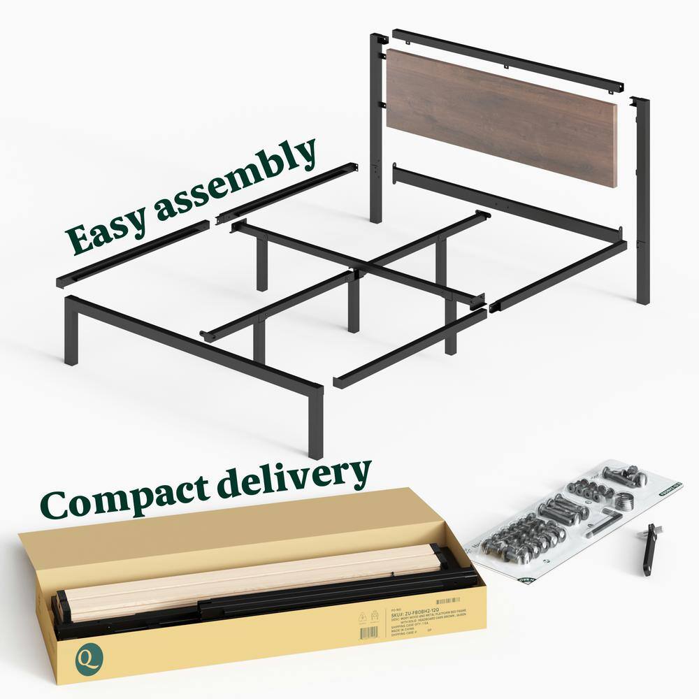 Full Black Metal Platform Bed Frame with Wood Headboard