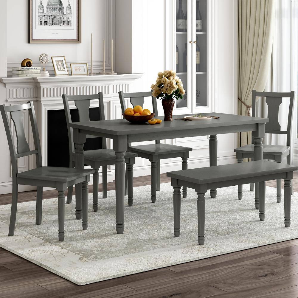 Qualler Gray 6Piece Wood Top Dining Table with 4 Chairs and Bench