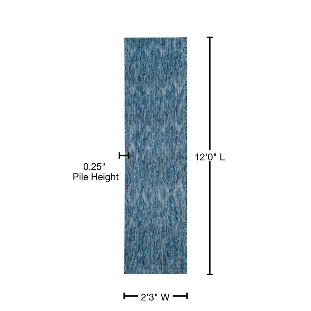 Blue Geometric Low Pile Outdoor Runner Rug