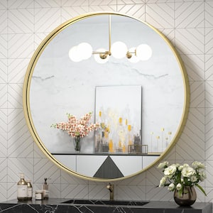 30 in. W x 30 in. H Medium Round Metal Framed Modern Wall Mounted Bathroom Vanity Mirror in Brass Gold
