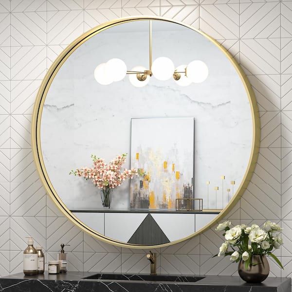 TETOTE 30 in. W x 30 in. H Medium Round Metal Framed Modern Wall Mounted Bathroom Vanity Mirror in Brass Gold