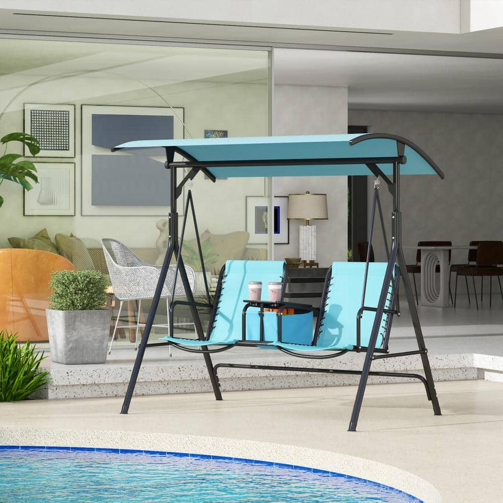 Blue 2-Person Outdoor Swing with Adjustable Canopy and Storage
