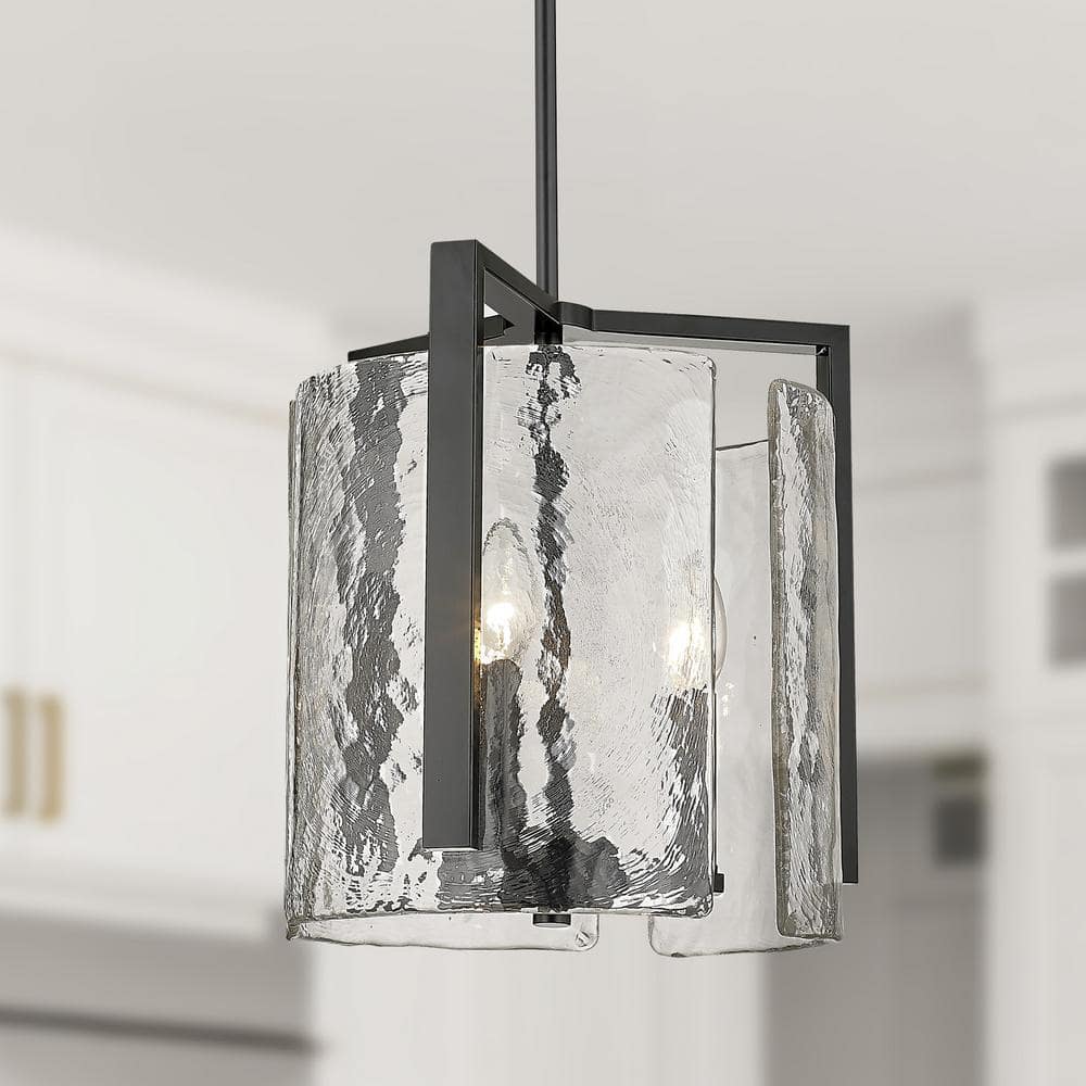 Matte Black Hammered Glass 3-Light Drum Pendant