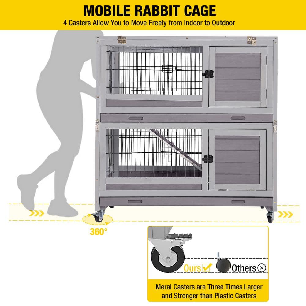 Large Gray Wooden Folding Rabbit Hutch with Wheels