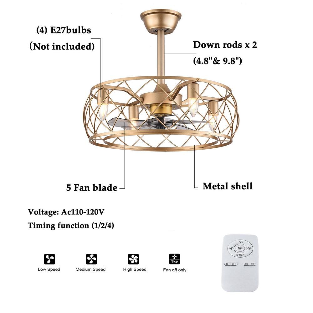 20" Gold Aluminum Caged Ceiling Fan with LED Light and Remote