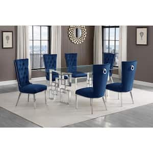 Dominga 7-Piece Rectangular Glass Top Stainless Steel Dining Set With 6 Navy Blue Velvet Fabric Stainless Steel Chair