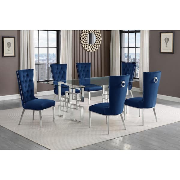 Best Quality Furniture Dominga 7-Piece Rectangular Glass Top Stainless Steel Dining Set With 6 Navy Blue Velvet Fabric Stainless Steel Chair