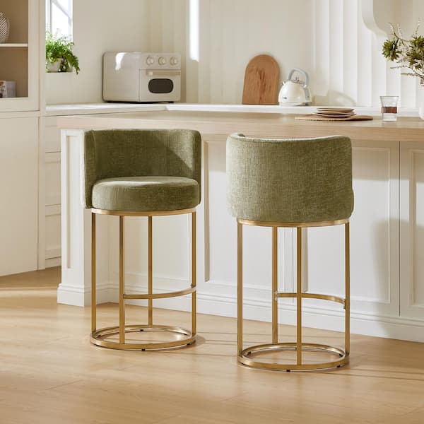 Keno 27 in. H Sage Green Barrel Back Metal Bar Stool with Fabric Seat, 360° Swivel, Footrest and Plush Cushion, Set of 2