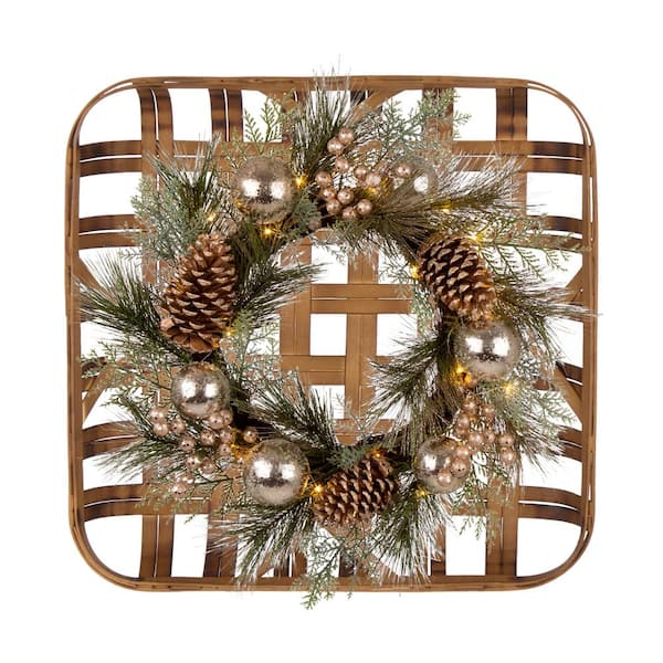 Glitzhome 6.30 in. Wooden Window Frame with LED Pre-Lit Pinecone and Ornament Wreath