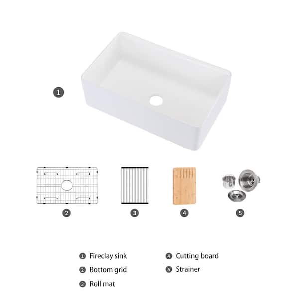 Unbranded - 30 in. Farmhouse Apron Front Single Bowl White Fireclay Kitchen Sink with Bottom Grid, Roll Mat, Cutting Board, Strainer