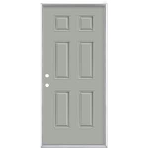 36 in. x 80 in. 6-Panel Silver Cloud Right-Hand Inswing Painted Smooth Fiberglass Prehung Front Door, Vinyl Frame