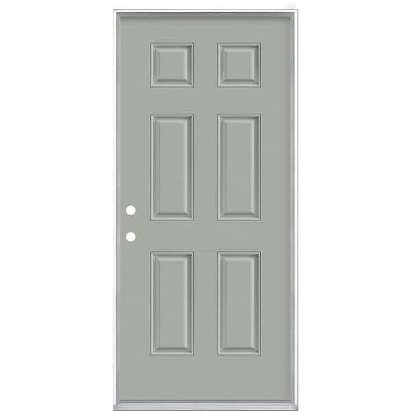 36 in. x 80 in. 6-Panel Silver Cloud Right-Hand Inswing Painted Smooth Fiberglass Prehung Front Door, Vinyl Frame