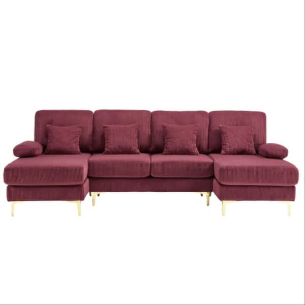 104 in. 4-piece U-Shape Modern Corduroy Upholstered Sectional Sofa with Double Chaises and Lighting System in. Wine Red