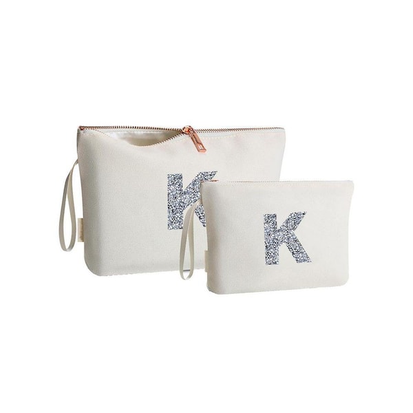 Beige Personalized Makeup Toiletry Bag Set with Rhinestone Initial, Canvas Cosmetic Bags for Women, Travel & Storage