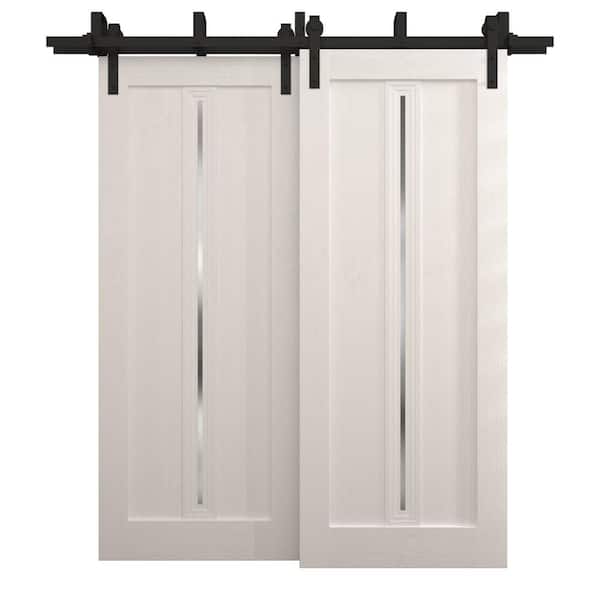 Sartodoors 56 in. x 80 in. Frosted Glass Painted White Oak Solid Wood Barn Door Slab With Hardware