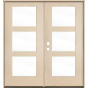 BRIGHTON Modern 72 in. x 80 in. 3-Lite Right-Active/Inswing Clear Glass Unfinished Double Fiberglass Prehung Front Door