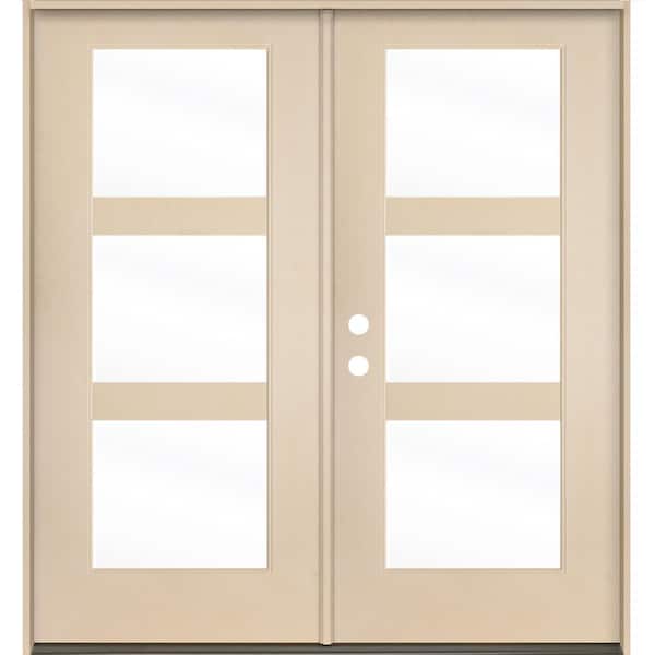 Krosswood Doors BRIGHTON Modern 72 in. x 80 in. 3-Lite Right-Active/Inswing Clear Glass Unfinished Double Fiberglass Prehung Front Door