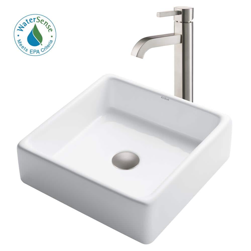 15-inch White Ceramic Square Vessel Sink with Satin Nickel Faucet
