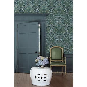 Prussian Blue and Moss Green Victorian Garden Floral Pre-Pasted Paper Wallpaper Roll (57.5 sq. ft.)