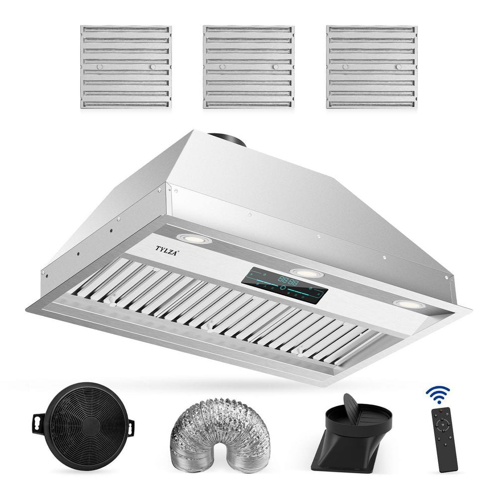 "Tylza 30"" 900 CFM Convertible Ductless to Ducted Insert Range Hood in Stainless Steel with Charcoal Filter and Exhaust Pipe, Silver/Stainless Steel"