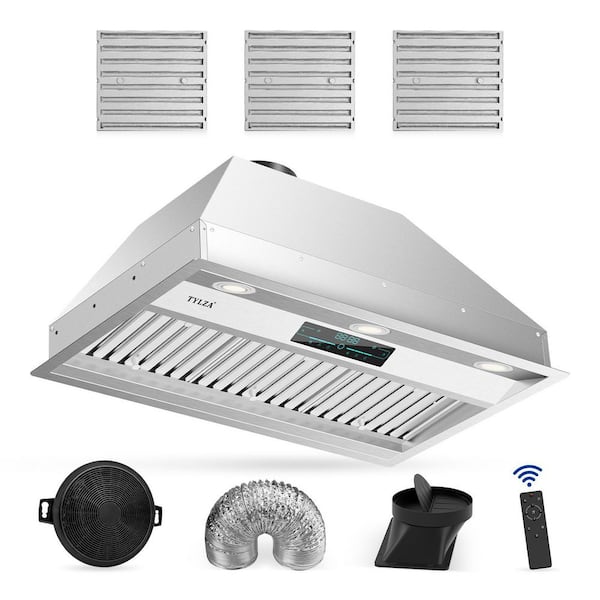 Tylza 30" 900 CFM Convertible Ductless to Ducted Insert Range Hood in Stainless Steel with Charcoal Filter and Exhaust Pipe