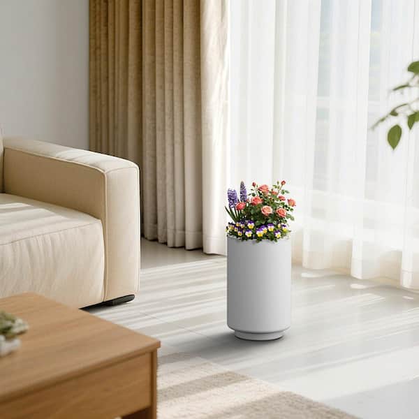 15.8 in.H Tall Cylindrical Concrete Planter, Medium Round Handcrafted Flower Plant Pots with Drainage Hole, Pearl White