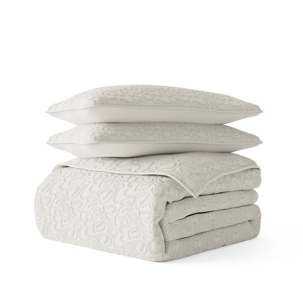Becky Cameron All Season 3-Piece Natural Floral Stitch Microfiber Quilt Set, King/CalKing