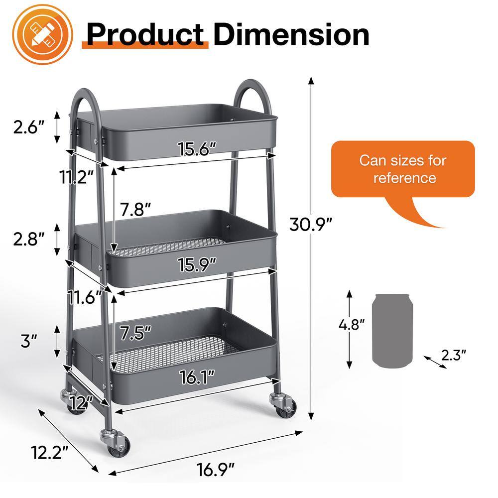 Gray Metal 3-Tier Rolling Kitchen Storage Cart