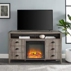 52 in. Grey Wash Wood Farmhouse TV Stand with Electric Fireplace Fits TVs up to 58 in.