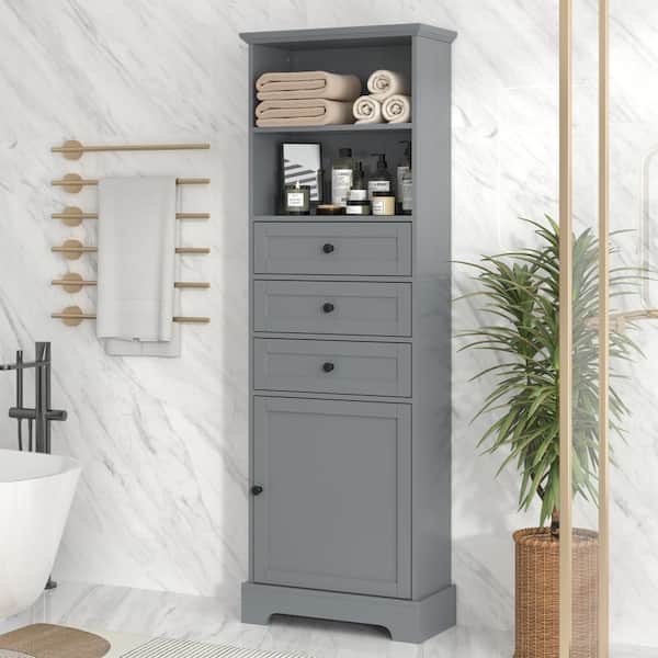 22 in. W x 10.03 in. D x 67.3 in. H Gray Tall Storage Linen Cabinet with Adjustable Shelves, 3-Drawers and 1-Door