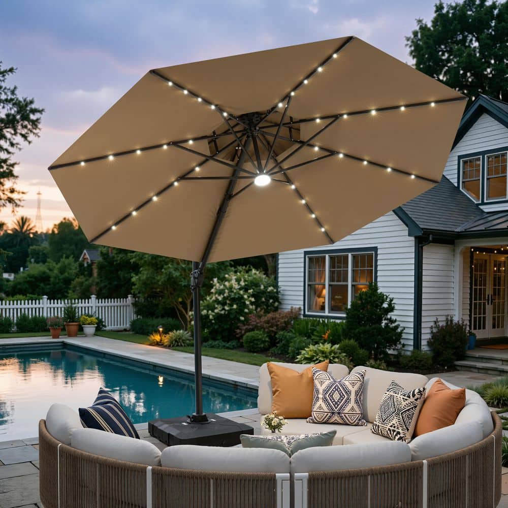 11 ft. Solar Powered Outdoor Cantilever Umbrella with 350-lb Wheeled Base Double Top Offset Patio Umbrella in Tan Brown price history on PriceWatchPro