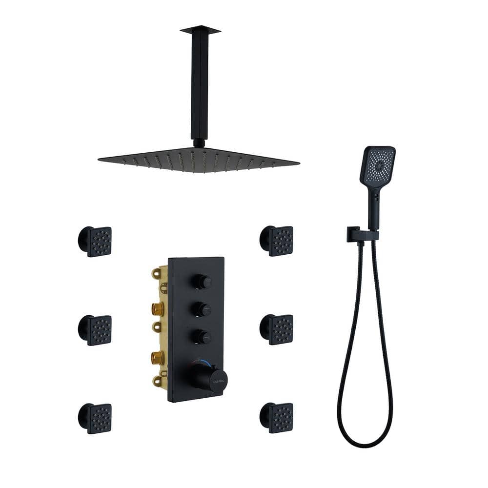 Matte Black Large Square Ceiling Mounted Dual Shower System