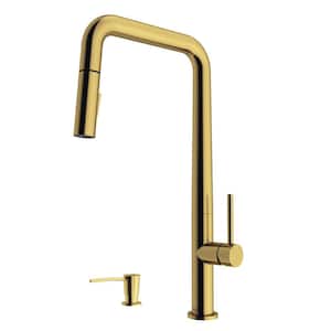 Parsons Single Handle Pull-Down Sprayer Kitchen Faucet Set with Soap Dispenser in Matte Brushed Gold
