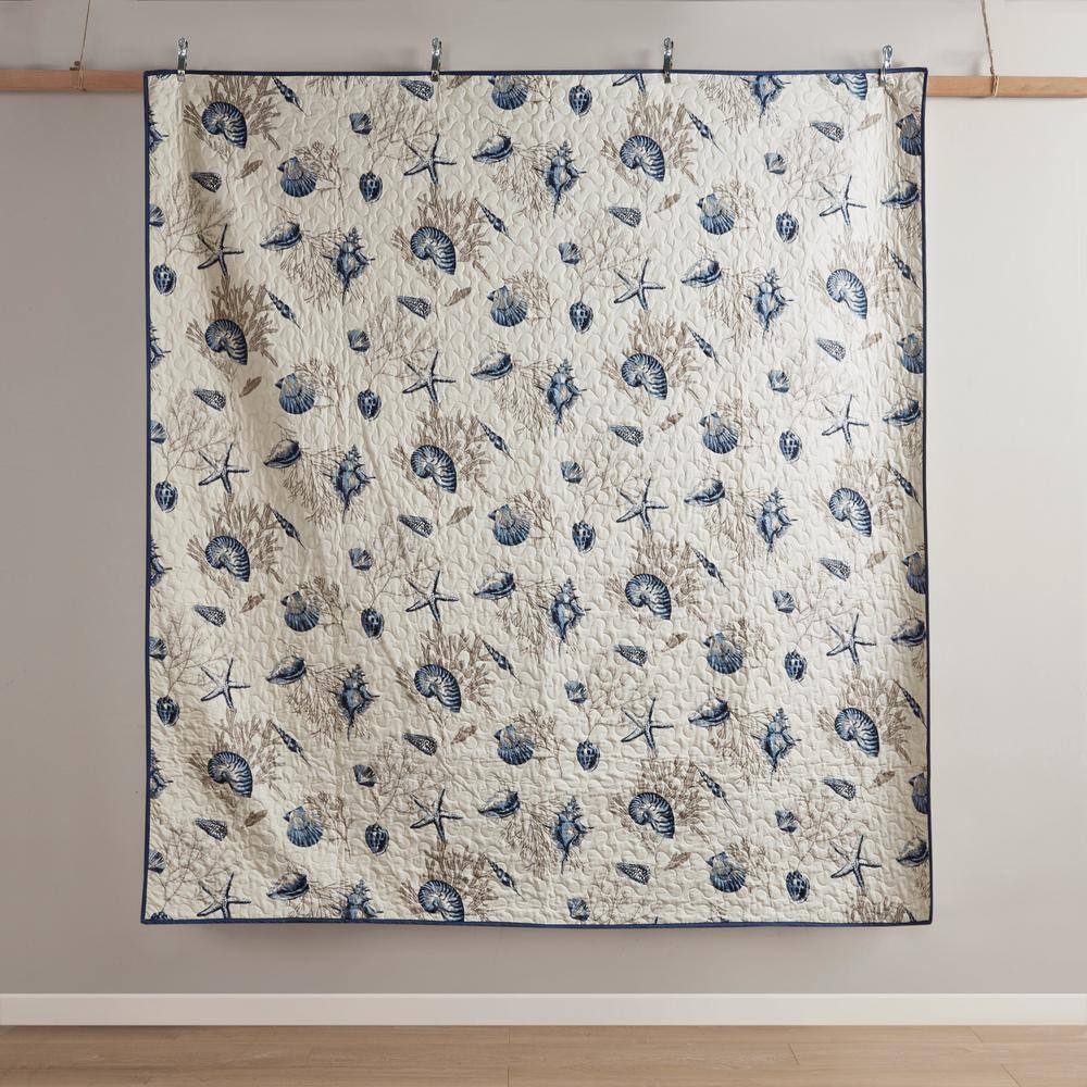 Coastal Charm Blue & Ivory Microfiber Twin Quilt Set with Reversible Design