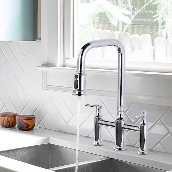Double Handle Bridge Kitchen Faucet with Pull Down Sprayer in Polished Chrome